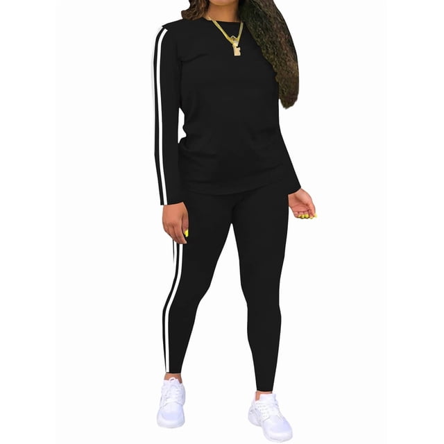 Ensemble Classique Rayé 2 Pcs pour Femmes, Survêtement à Manches Longues, Pantalon de Jogging, Noir TG