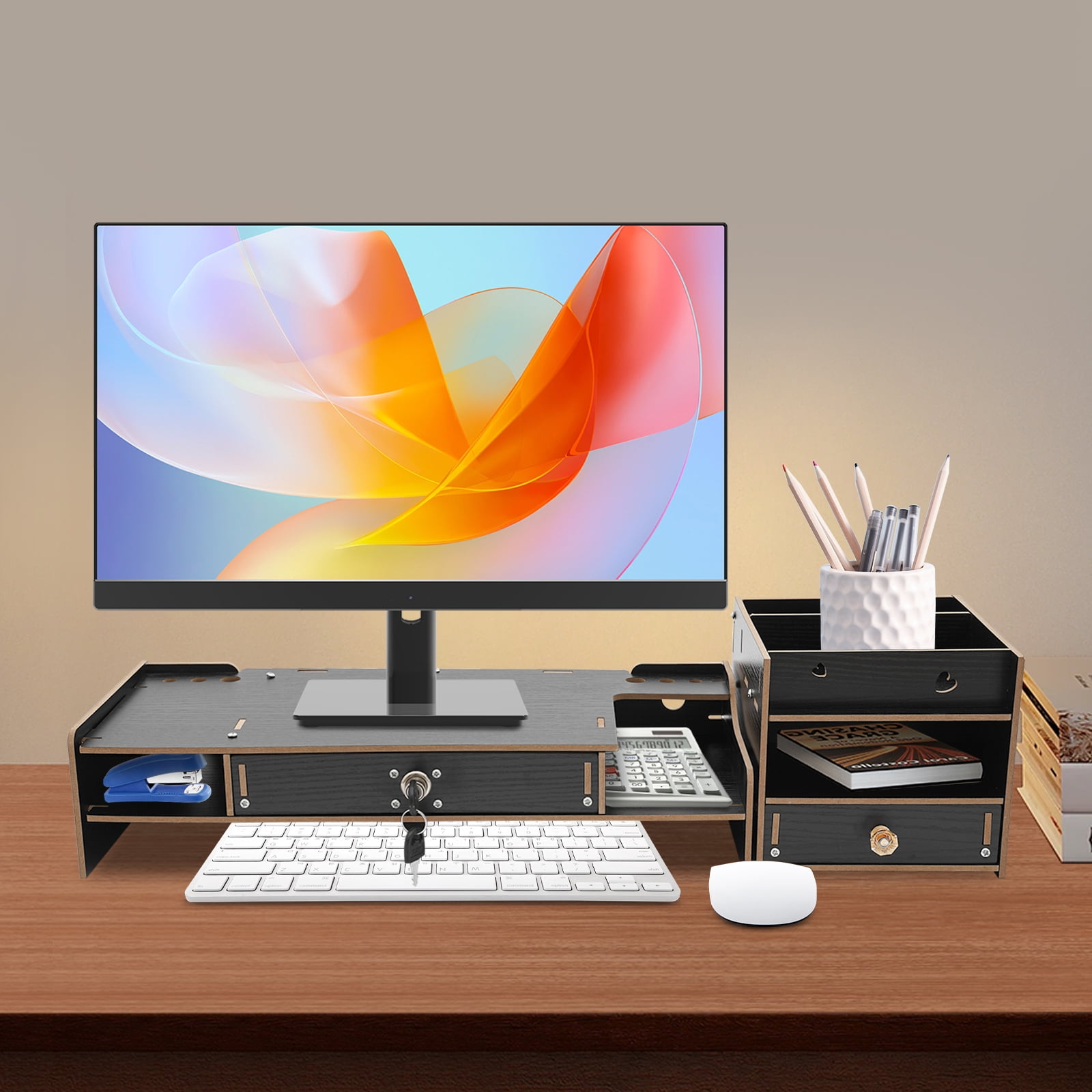 Space-Saving Monitor Riser, 18.9x7.87x4.13in Veneered MDF, 5.51-11.02lbs Load, Detachable Storage Cabinet, Perfect for Desks and Remote Workstations