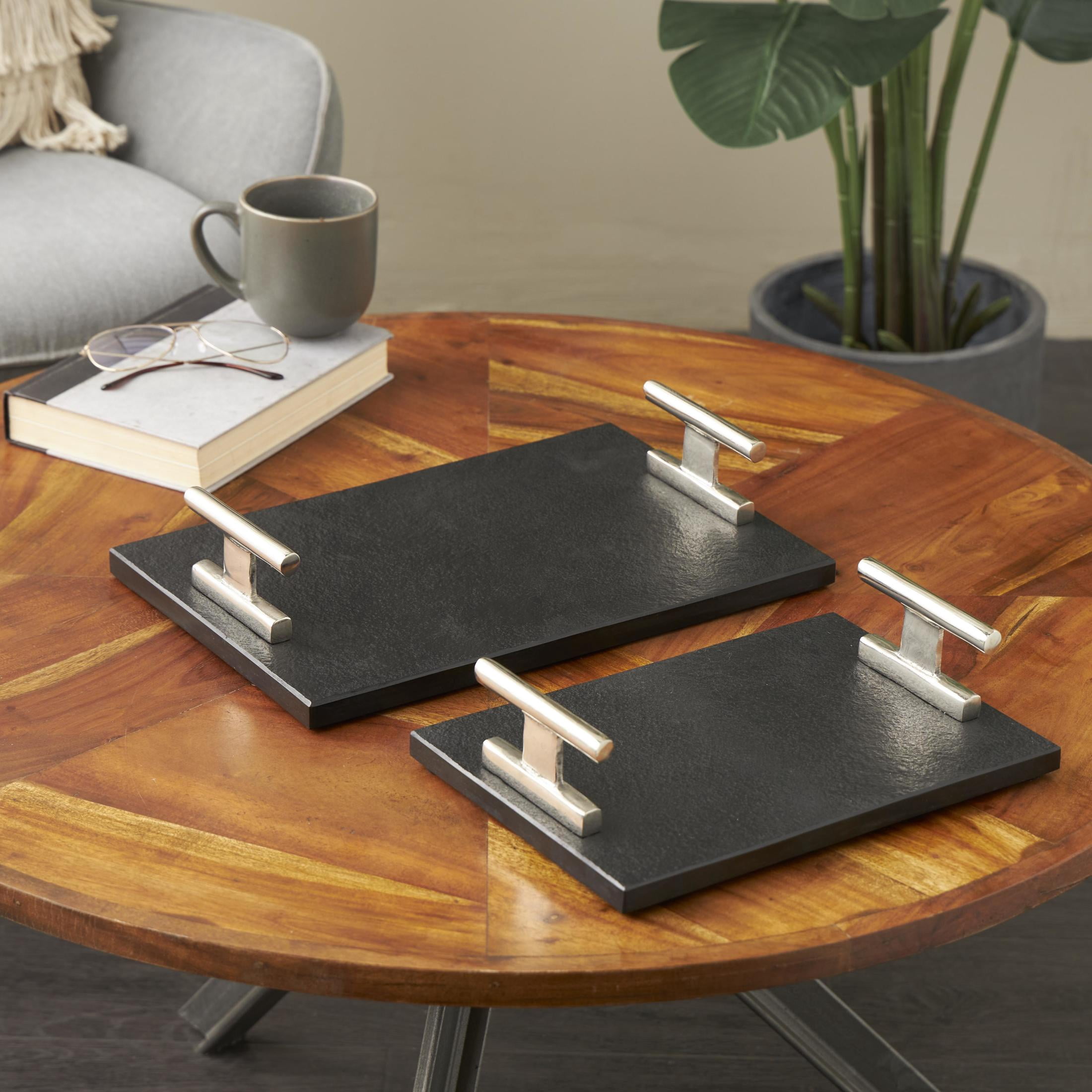 DecMode 15", 12"W Black Marble Textured Tray with Silver Handles, 2-Pieces