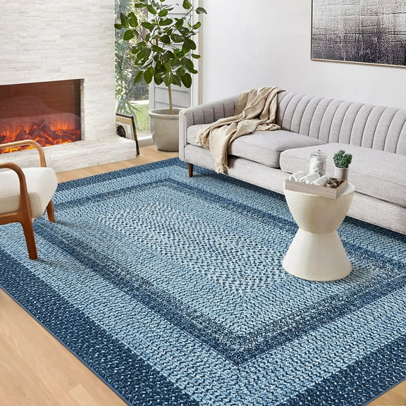 Garvee 9'x12' Rug Braided Print Area Rug Farmhouse Border Rug Geometric Area Rug Stain-Resistant Non-Shedding Accent Rug, Gray Blue