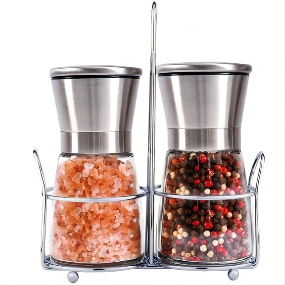 180ml Compact Salt and Pepper Grinder Set, 2-Pack Ergonomic Stainless Steel Shakers with Adjustable Ceramic Grinder, Clear Glass Refillable Spice Mill for Kitchen