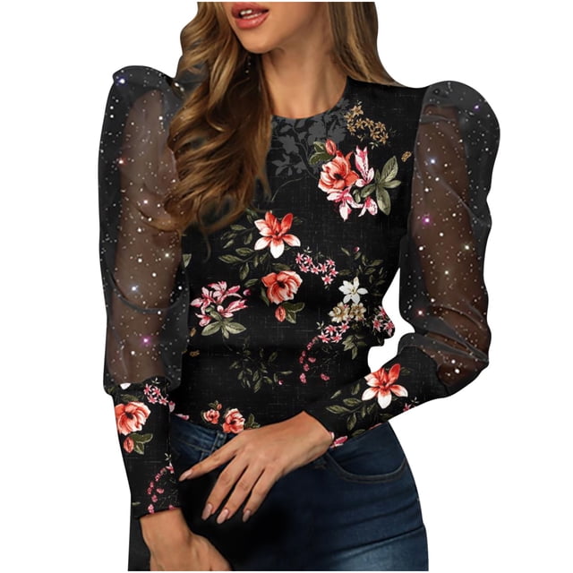 Camisas casuales de manga larga de malla con estampado Floral para mujer, jersey a rayas con cuello redondo, blusa, túnica, Tops de manga larga de encaje Pompotops gfhjh18260
