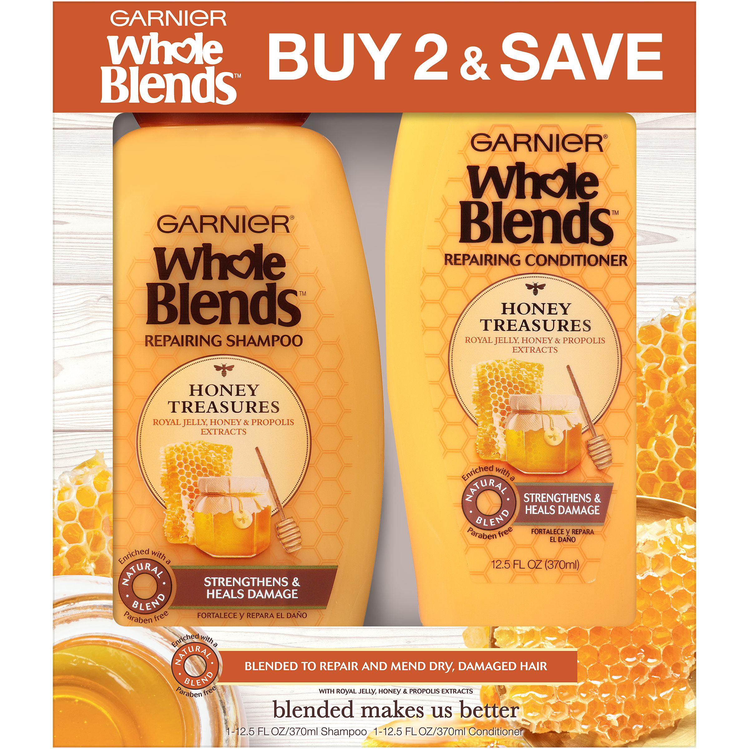 Garnier Whole Blends Honey Treasures Nourishing Daily Shampoo & Conditioner, Full Size Set, 2 Piece