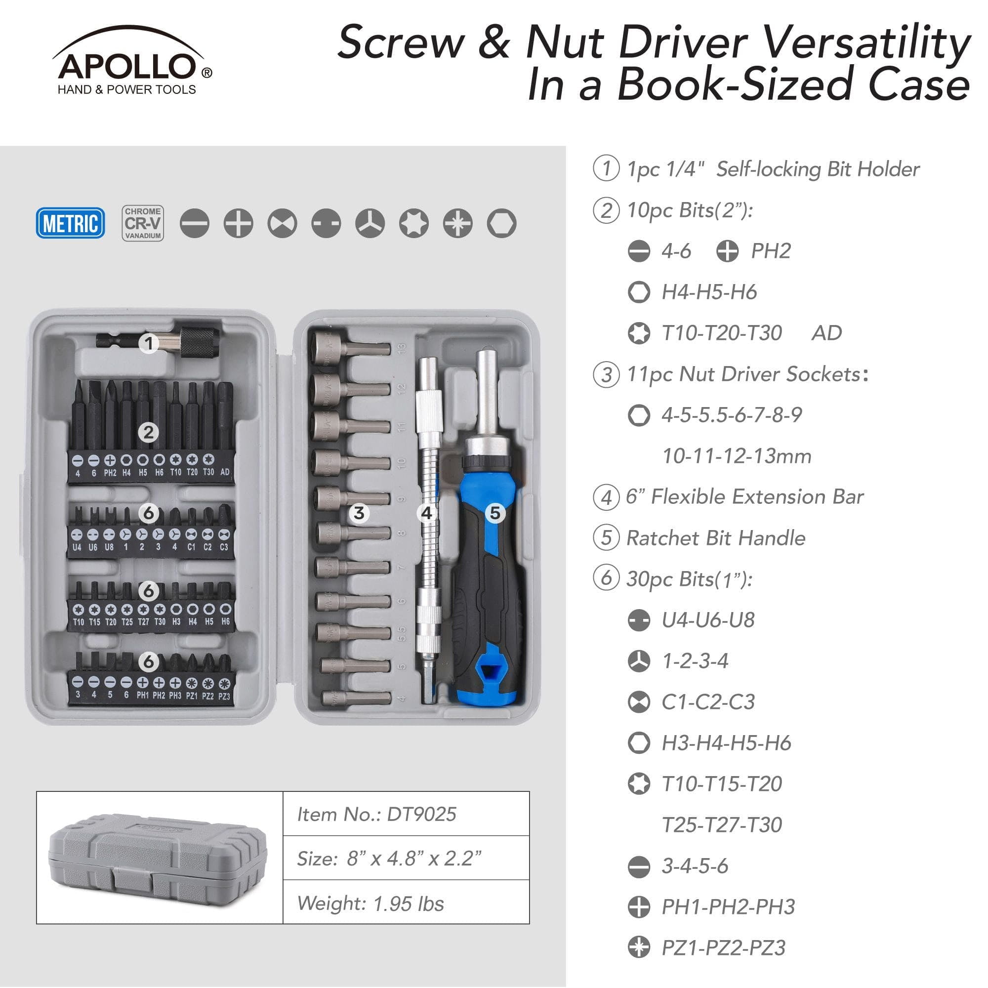 Apollo Tools 54pc 1/4" Screwdriver and  Nut Driver Bit Set - Complete Home Tool Set DT9025 Blue/Gray