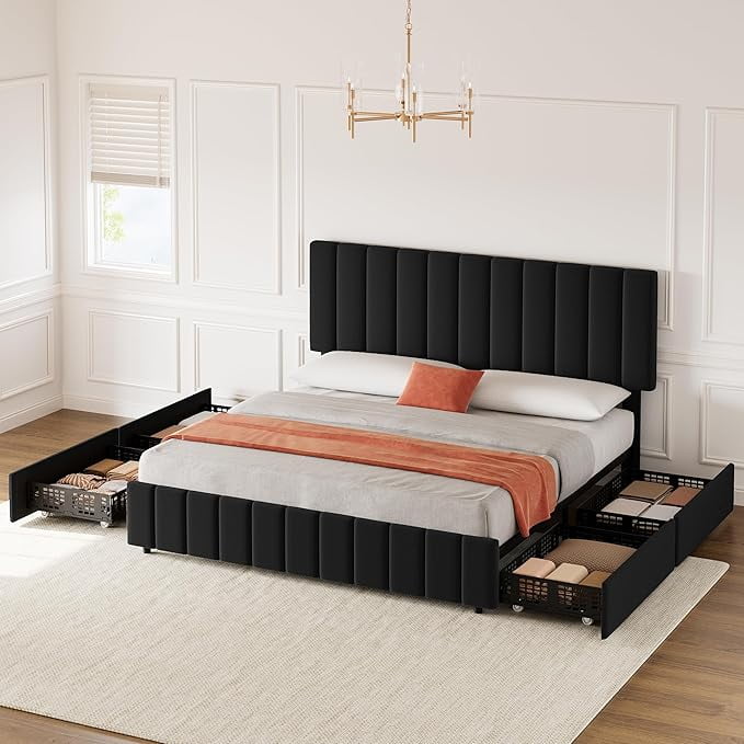 QUEEN Size Storage Bed Frame, Vertical Channel Tufted Adjustable Headboard, Linen Upholstered Platform Bed with 4 Oversized Underbed Drawers, Wooden Slats Support, No Box Spring Needed, Noise-Free