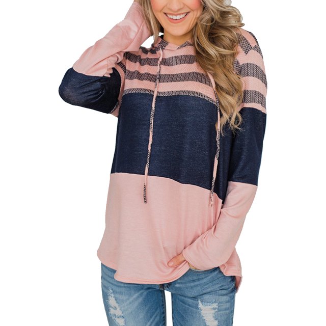 Sudadera con capucha de manga larga con empalme a rayas, suave y holgada, para mujer, para la cita diaria en la universidad