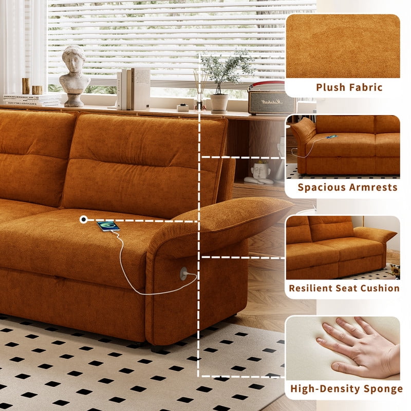 85" Convertible Sofa Bed, 2-in-1 Sleeper Sofa with Plush Fabric, Full-Size Pull-Out Couch with USB Charging Ports, Solid Wood Frame, High-Resilience Foam for Living Room & Small Space