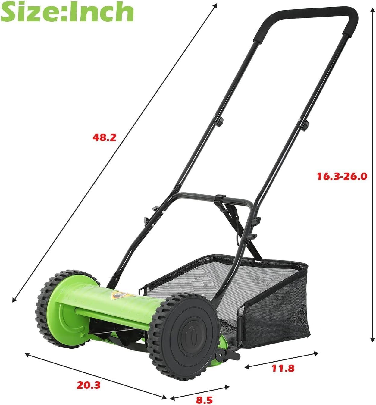 Dkelincs 15 inch Push Lawn Mower Adjustable Cutting Height Lawn Mower 2 Wheels Push Reel Mower with Grass Catcher, Green