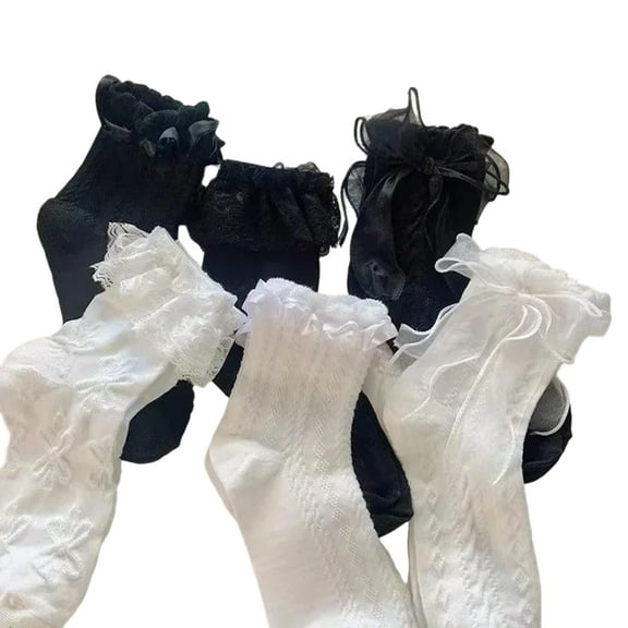 Casual Bowknot Decorated Ankle Socks 6 Pairs Set Lightweight Lace Trim Middle Calf Socks for Girls Daily Wear