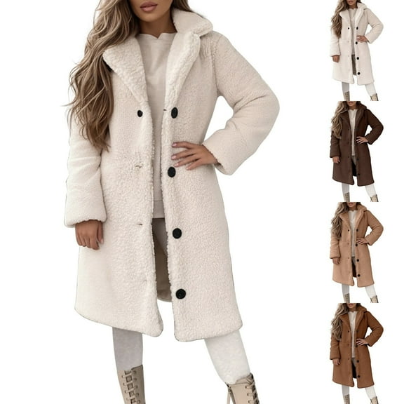 MuXiKeJi Womens Winter Fuzzy Long Coat Button Down Lapel Warm Plush Overcoat Sherpa Jackets
