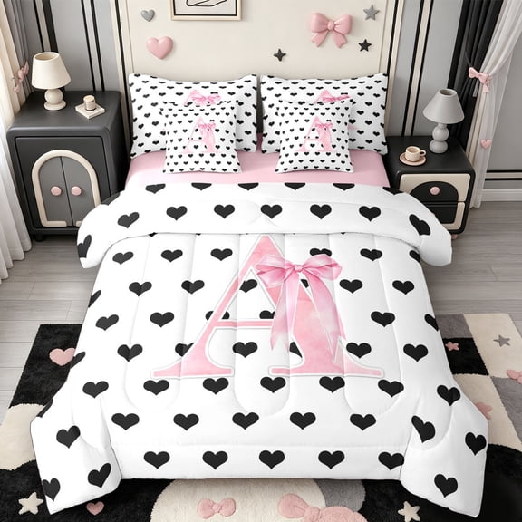 Manfei Pink ABC Print A 7-Piece Twin Bedding,Cute Coquette Bowknot Bedding Comforter Set,Pink Reversible