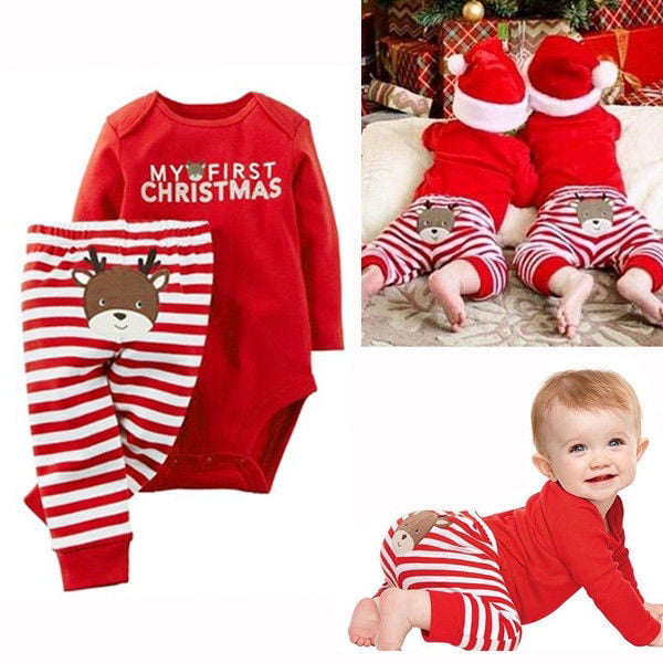 Cartoon Print Christmas Newborn Kids Baby Boys Bow Romper And Pants Clothes Set 