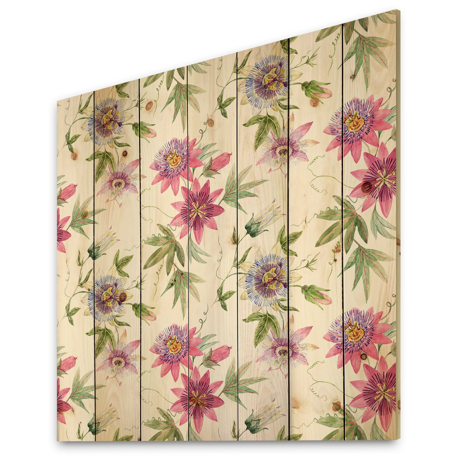 Designart 'Pink Passionflower Flowers and Petals' Traditional Print on Natural Pine Wood