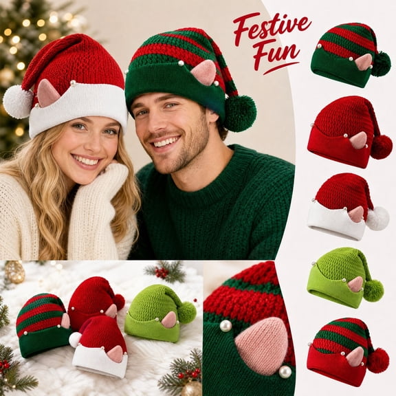 Knitted Santa Hat Christmas Elf Hats for Adults Women Men, Soft Xmas Knit Beanie with Comfortable Fit and Stretch, Festive Holiday Xmas Party Headwear