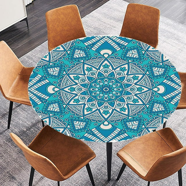 GUOOL Elastic Fitted Table Cover - Large Round, Blue Kaleidoscope Pattern - Fits H 1.5m