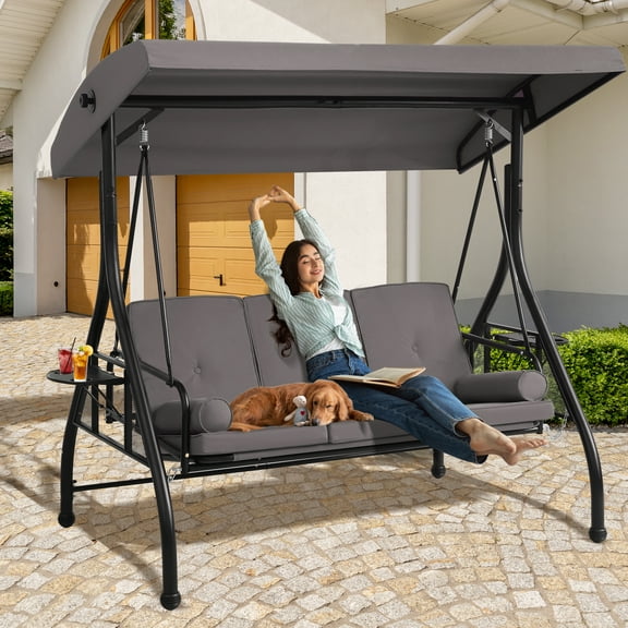 Haverchair 3-Seat Patio Porch Swing Outdoor Swing with Adjustable Canopy and Backrest, Thickened Cushion, Pillow and Foldable Side Tray for Patio, Backyard, Porch Swing Bed for Spring