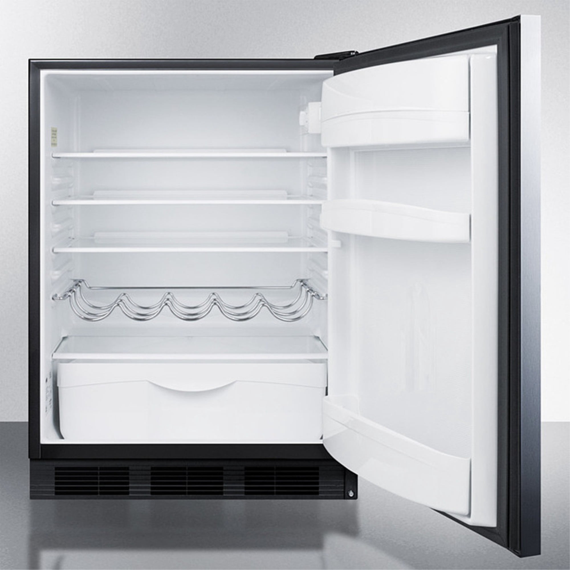 Freestanding residential counter height all-refrigerator, auto defrost w/stainless steel door, horizontal handle and black cabinet