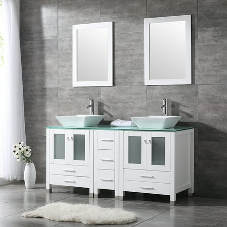 60 Double Bathroom Vanity Combo Set Double Porcelain Vessel Sink Solid Wood Cabinet Glass Top W Mirror Faucet