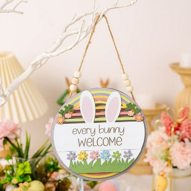 Letrero de madera para puerta de Pascua | Decoración multicolor con huevos de Pascua, conejos y zanahorias | Adorno festivo con saludos navideños | Madera duradera | Decoración de pared primaveral