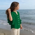 thumbnail image 6 of PiGOGI Girls Ruffle 3/4 Sleeve V-Neck Button Down Top Solid Color Soft Casual Blouse for Kids Green 11Years, 6 of 8