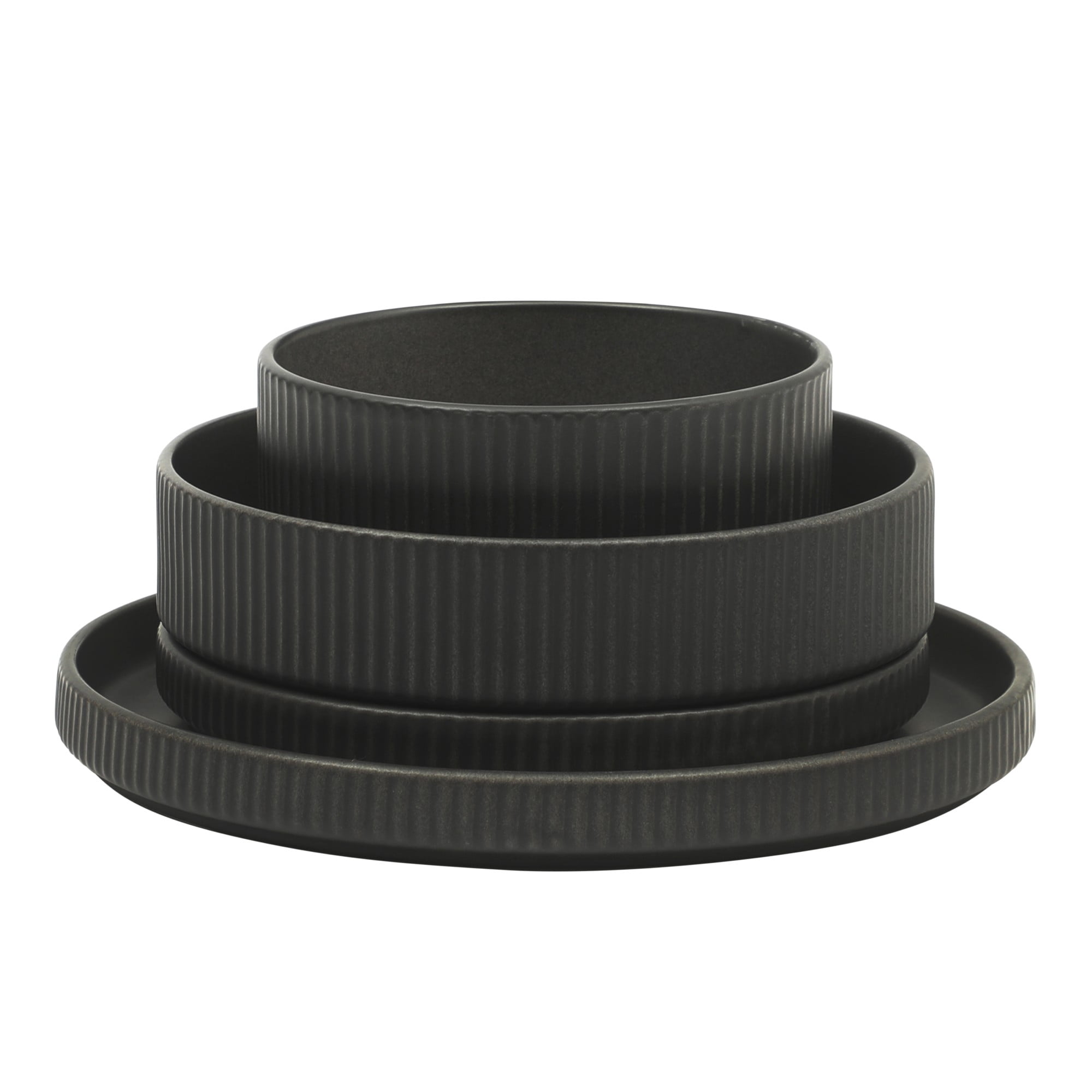 Gibson Elite Deerfield 16-Piece Stoneware Dinnerware Set – Stackable Plates and Bowls, Reactive Glaze Finish, Service for 4 - Matte Black