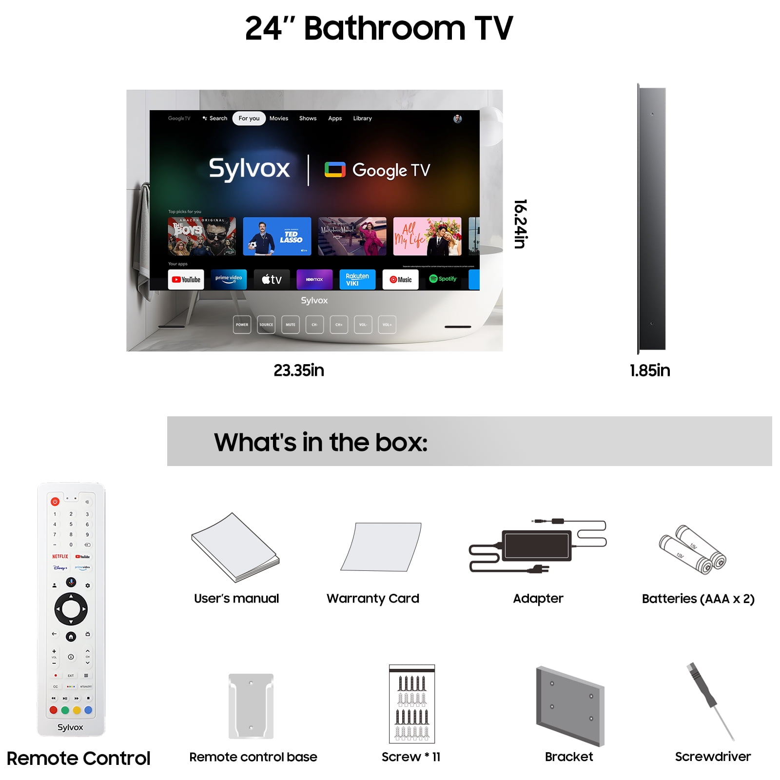 Sylvox 24" Bathroom TV, Smart Mirror Television with Google TV OS, 1080P HDR10 500nits, NTSC,ATSC,IP66 Weatherproof for Bathtub Shower, Embedded