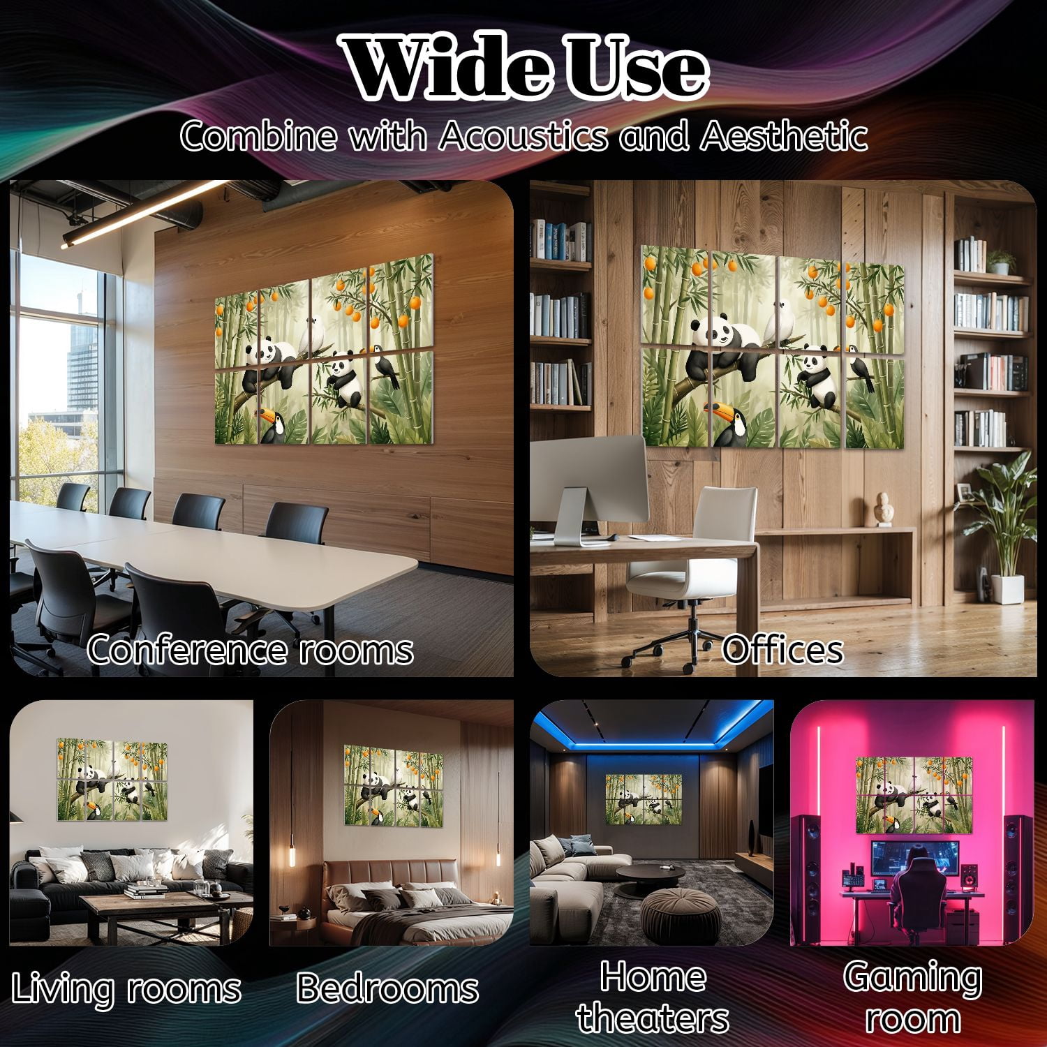 8 Pack Art Acoustic Panels Sound Absorbing Playful Pandas Tropical Birds Bamboo Forest Decorative Soundproof Wall Panels Self Adhesive for Nursery Game Room Bedroom 48"x32"