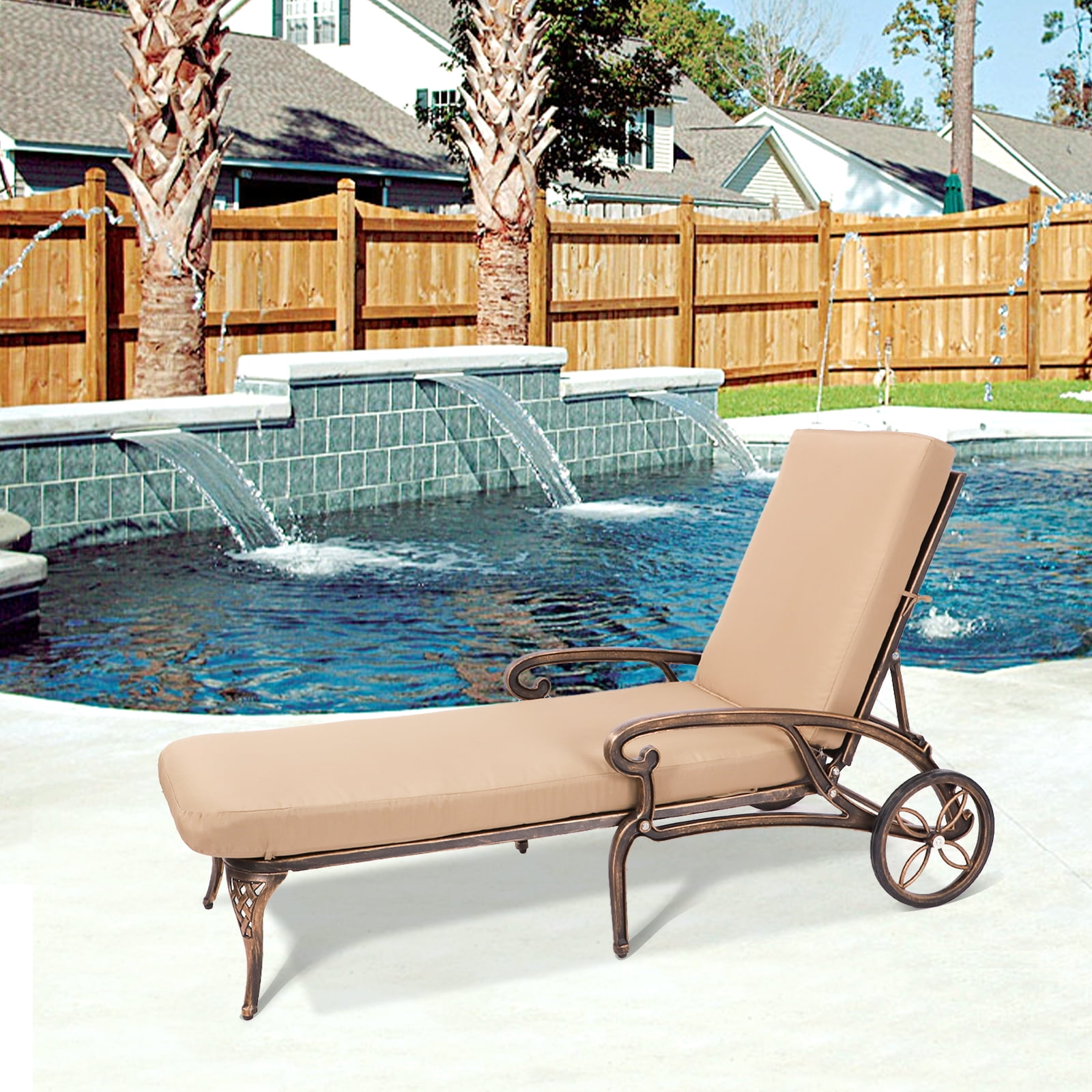 Haverchair Cast Aluminum Lounge Chair, Adjustable Chaise Lounge with Movable Wheels and Cushion