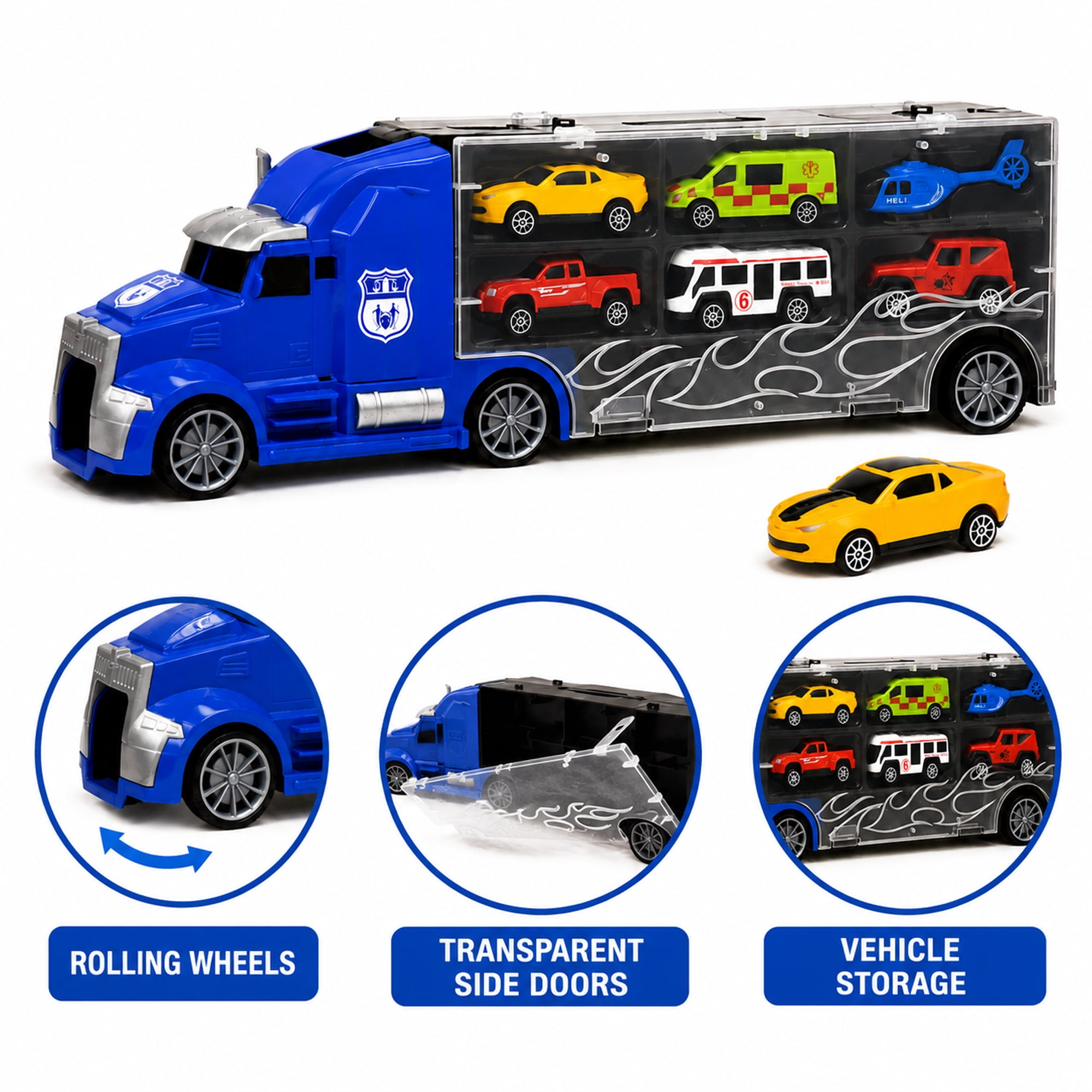 11-Piece Toy Truck Carrier Set with Mini Vehicles, Big Rig Transporter Playset with Cars, Helicopter, Bus & Road Signs, Storage Truck Toy for Kids Ages 3+