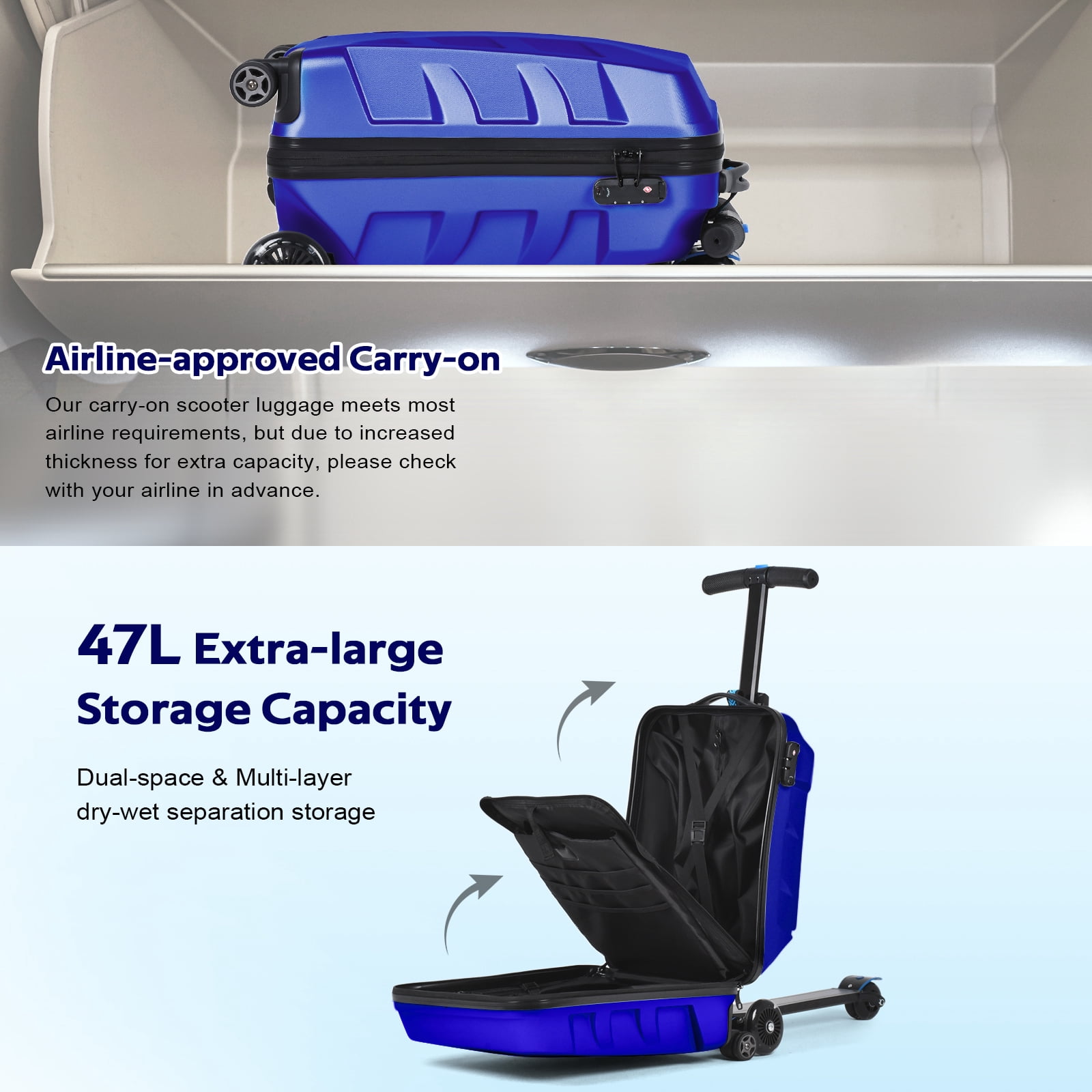 Advwin Scooter Suitcase for Kids & Adults, 3-D Hardshell Ride On Scooter Luggage with LED Light Up Wheels, TSA Lock, Lightweight Foldable Carry On Rideable Suitcase for Children Teenagers, Blue