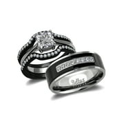 His and Hers Wedding Ring Sets Black Stainless Steel and Titanium Bridal Set