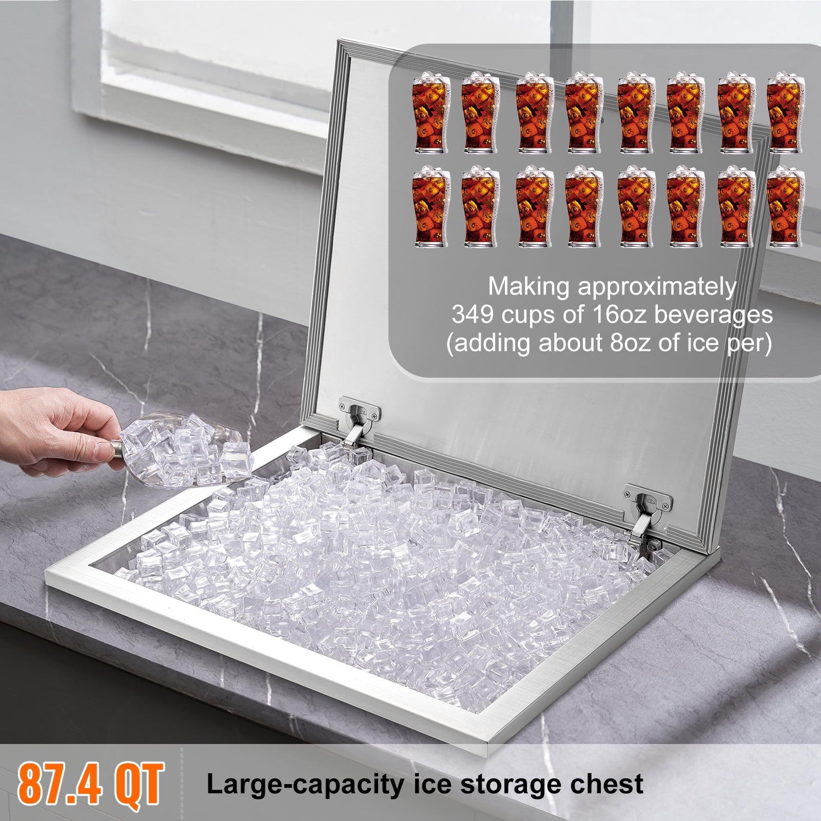 VEVOR Drop in Ice Bin Chest 28x18 inch Drop in Cooler Stainless Steel Outdoor Drop in Ice Chest with Cover Bar Ice Bin 87.2 QT Drop in Wine Drops Drain-pipe and Drain Plug Included for Cold Wine Beer