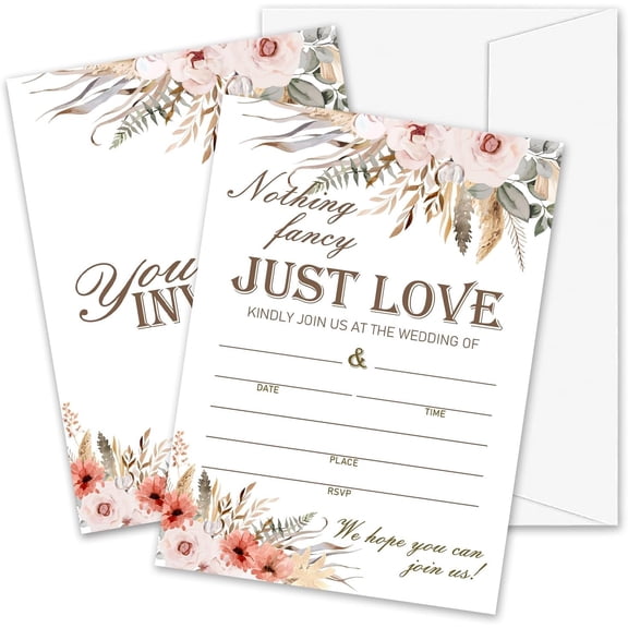 Boho Pampas Grass Wedding Invitations, 5"x 7" Nothing Fancy Just Love Wedding Invites Cards With Envelopes, 25 PCS for Party Decorations and Supplies - A03