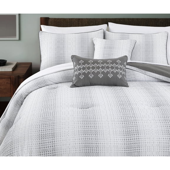 Waffle Stripe Comforter 3-Piece Bedding Set - Gray King/Cal-King Size-All Season Down Alternative