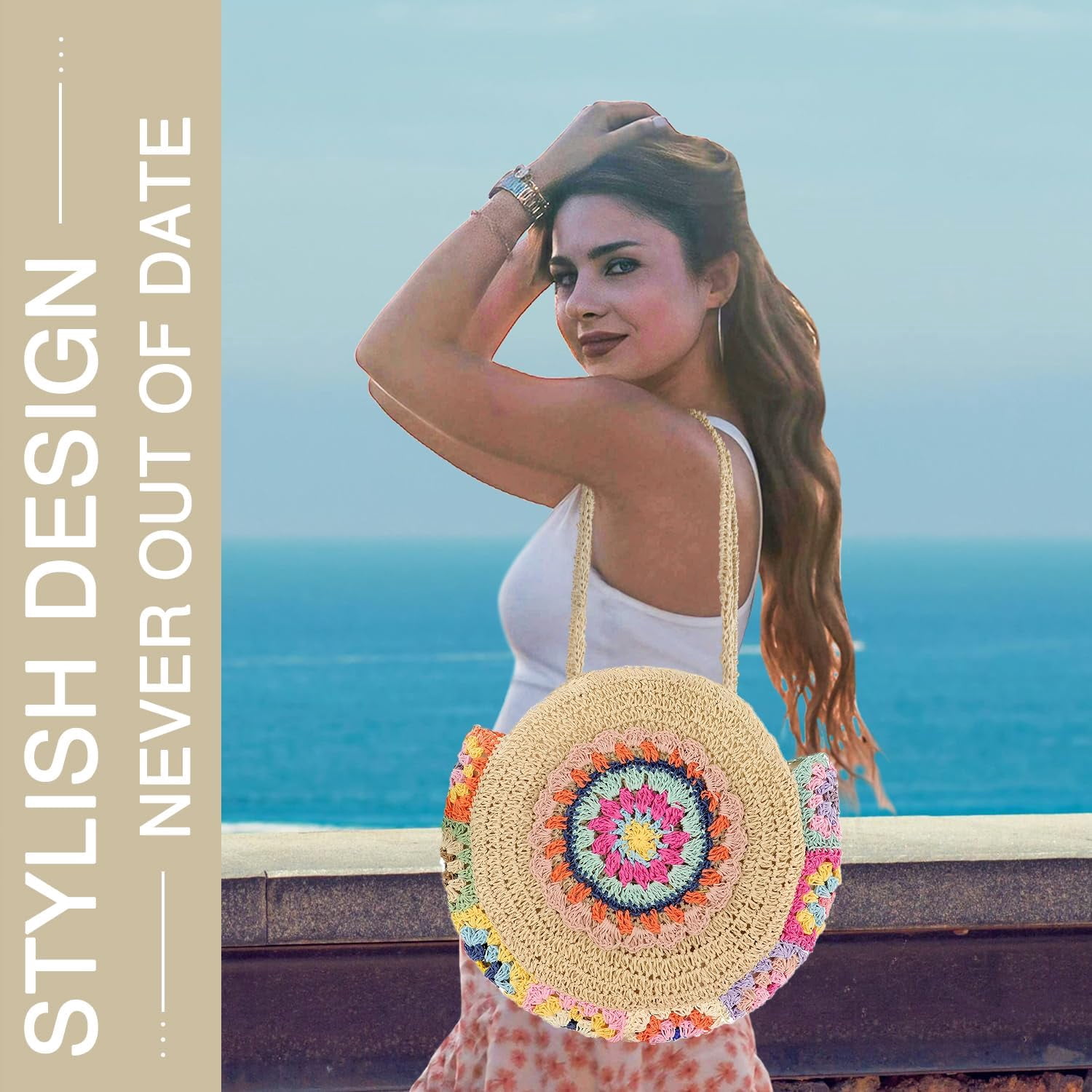 Straw Bags for Women Large Beach Tote Bag Floral Crochet Woven Shoulder Purse Summer Handbag