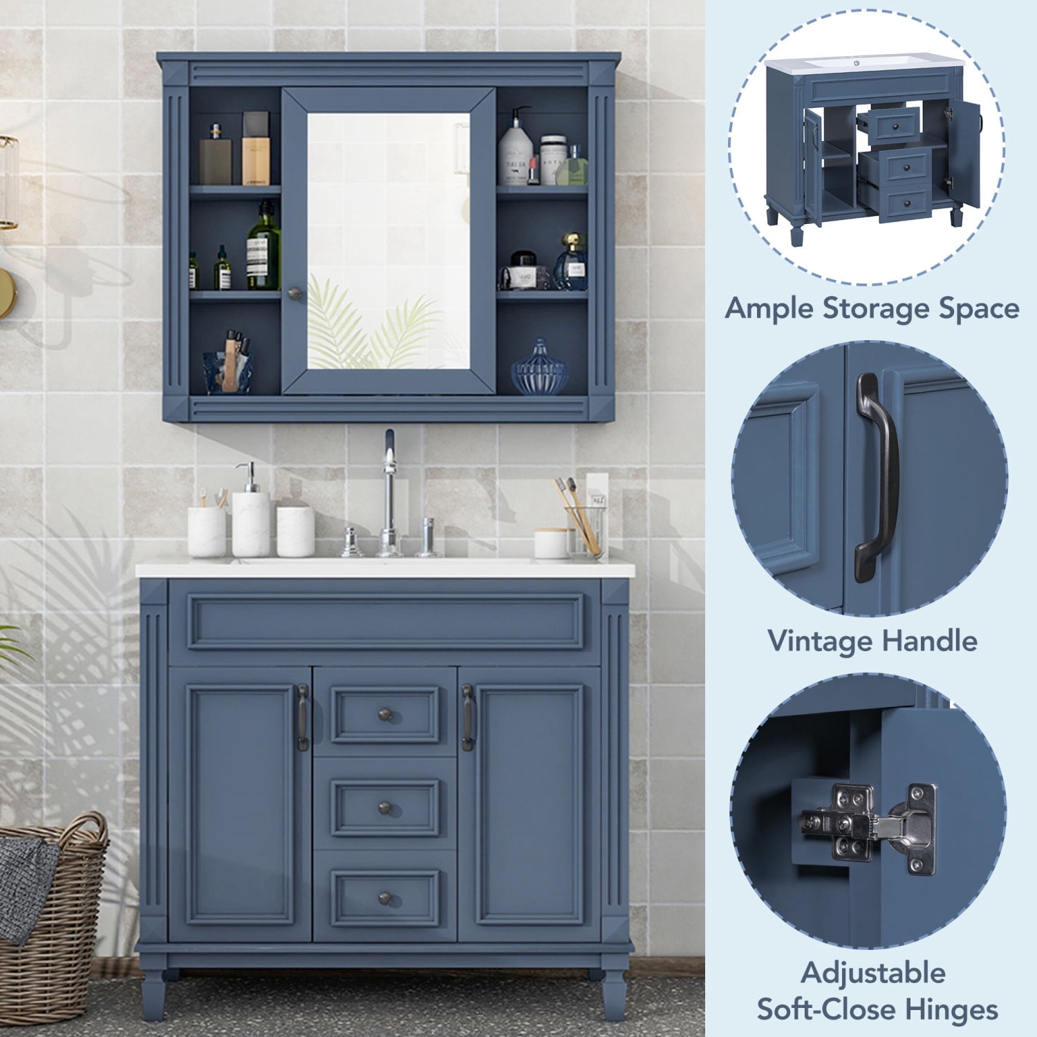 Harper & Bright Designs 36'' Bathroom Vanity Cabinet with Sink Combo Set and Mirror Cabinet, Modern Bathroom Storage Cabinet with 2 Soft Closing Doors and 2 Drawers, Blue