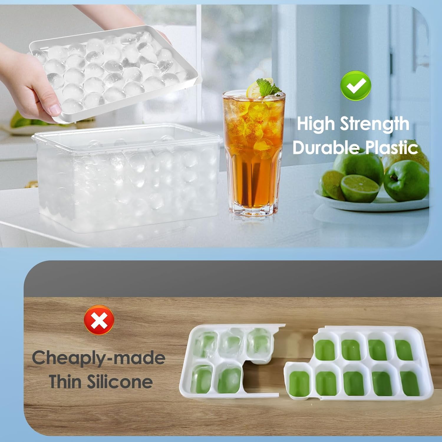Ice Cube Tray with Lid and Bin - Round Ice Trays for Freezer with Lid - Ice Cube Trays for Freezer with Ice Container