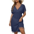 thumbnail image 2 of Gamivast Swim Cover up Dress for Women Tassel Trim Kaftan Dress Flowy V Neck Short Sleeve Modest Coverage Beachwear Resort Wear Vacation Cruise Poolside Beach to Boardwalk, 2 of 6