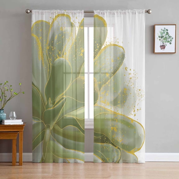 ERUNPONLY Sage Green Gold Sheer Curtains 84 Inch Length 2 Panels Set, Aesthetics Flower Boho Watercolor Art Voile Window Treatment Curtains Sheers Drapes for Bedroom/Living Room/Kitchen 52"x84"x2