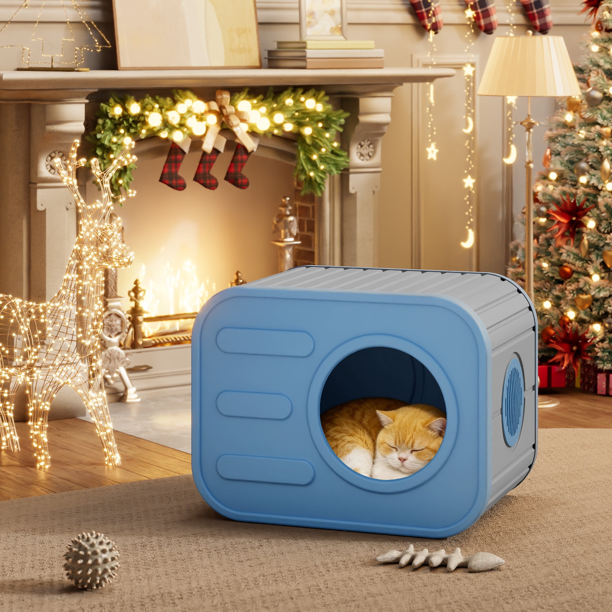 Nihsuao Weatherproof Resin Cat House, Camera-Shaped Design for Indoor & Outdoor Cats, Ventilated, Easy Assembly for Home Yard Garden, Blue