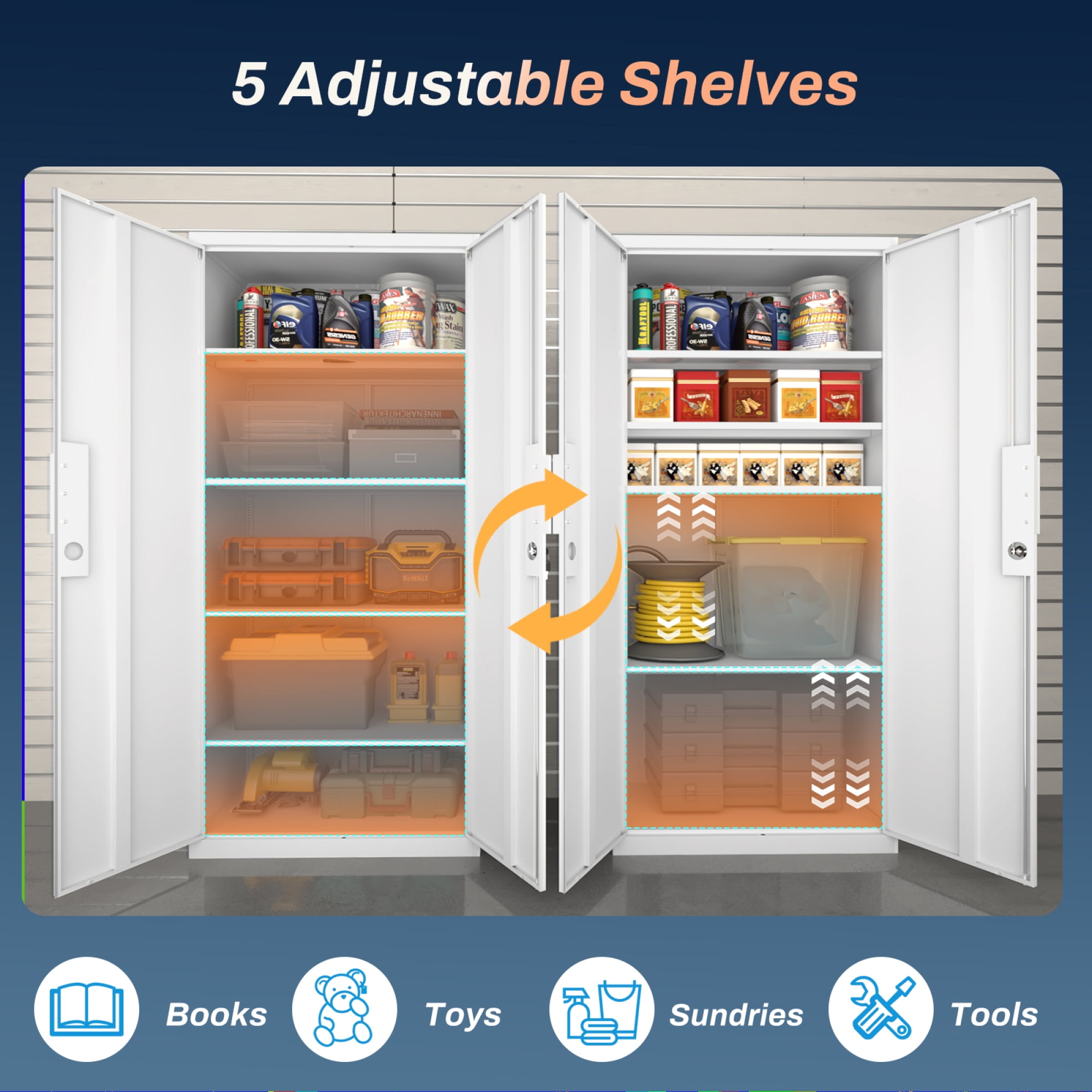 Metal Storage Cabinet with Adjustable Shelves & 2 Doors,70" H Garage Storage Cabinet with Lock Multi-Use Organizer for Garage,Classroom,Office,White