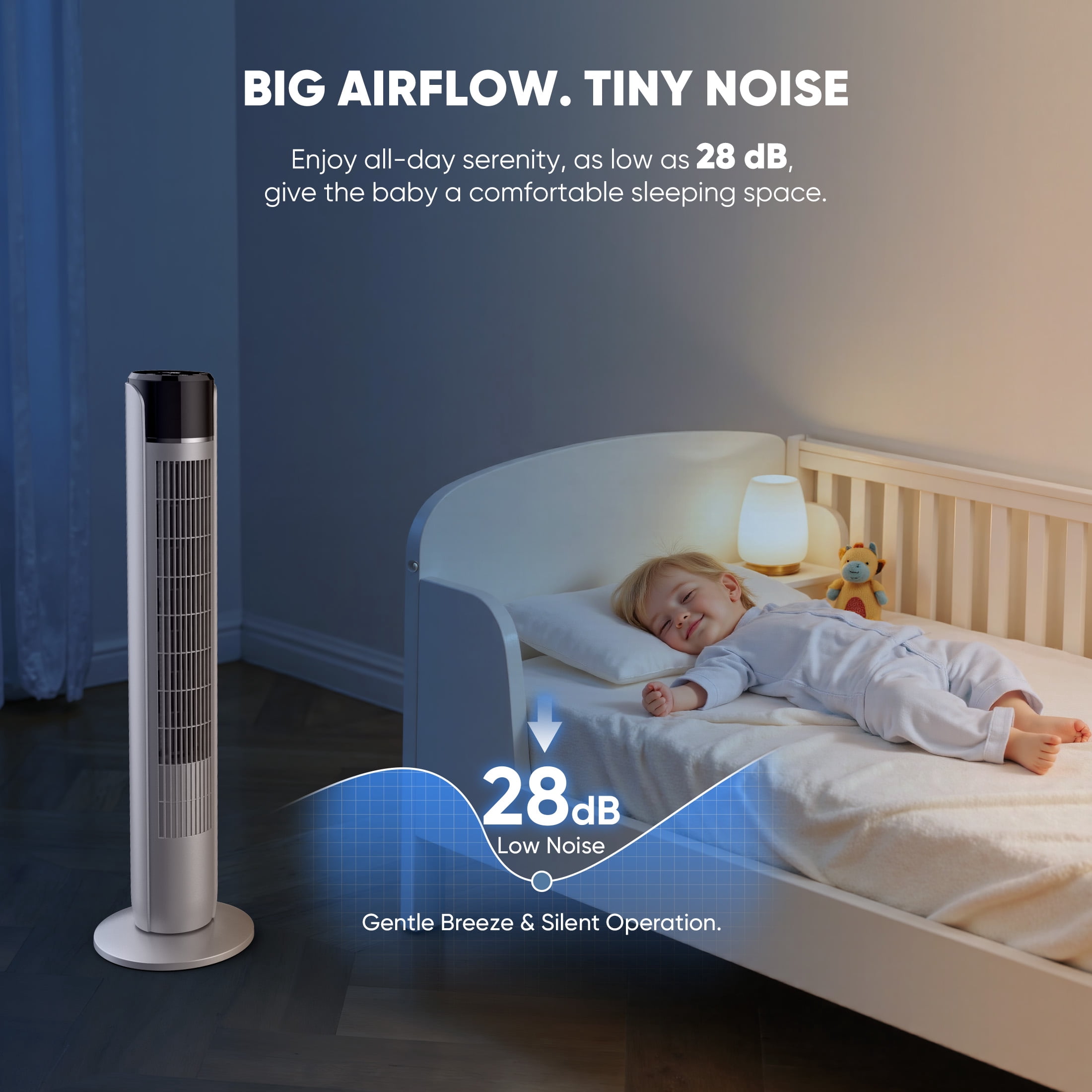 CONCETTA Quiet Tower Fan for Bedroom, Bladeless Design, 20ft/s Speed, 5 Speeds, 12H Timer, Oscillating，Grey