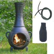 Angle View: QBC Bundled Blue Rooster Pine Chiminea with Propane Gas Kit, Free Cover, and 10 ft Gas Line Charcoal Color - Plus Free EGuide
