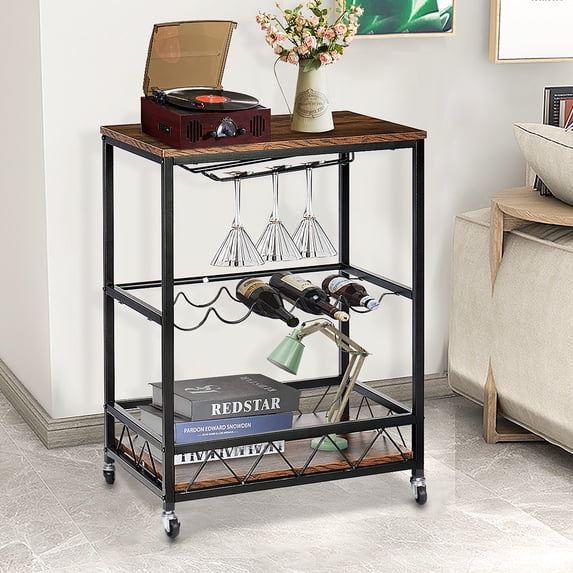 3-Tier Bar Serving Cart Home Rustic with Removable Top Tray Metal Handle Rack Mobile Kitchen Serving cart on Wheels
