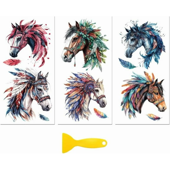 Rub on Transfer Decal Sticker for Furniture Craft Decor 6"x12" Bohemian Style Horse 3Pcs Waterproof UV DTF Transfer for Drawer Dresser Glass Porcelain Wood Plastic