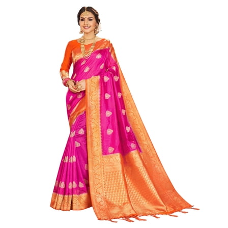 Sarees for Women Linen Banarasi Art Silk l Indian Rakhi Wedding Diwali Gift Sari with Unstitched Blouse Pink