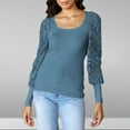 thumbnail image 2 of Jewelreauty Womens Lace Long Sleeve Tops Solid Color Patchwork Crewneck T-Shirts Casual Slim Fitting Tops (L, Blue), 2 of 9