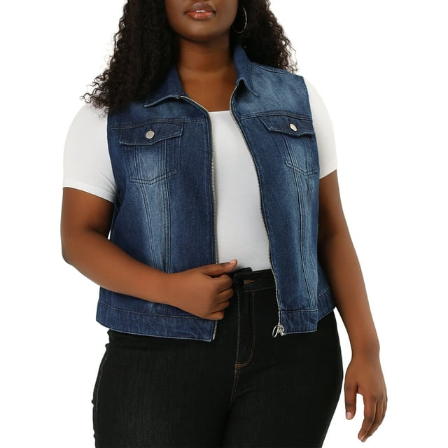 GRACE & GRANDEUR Veste en Denim Grande Taille pour Femmes Sans Manches à Fermeture Éclair et à Boutons Veste en Jean L Bleu