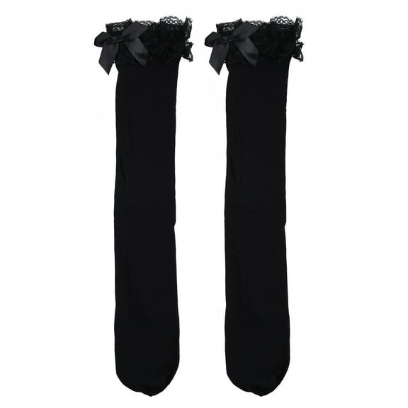 Yokua Women Lolita Lace Ruffle Knee High Socks Kawaii Bowknot Solid Color Stockings