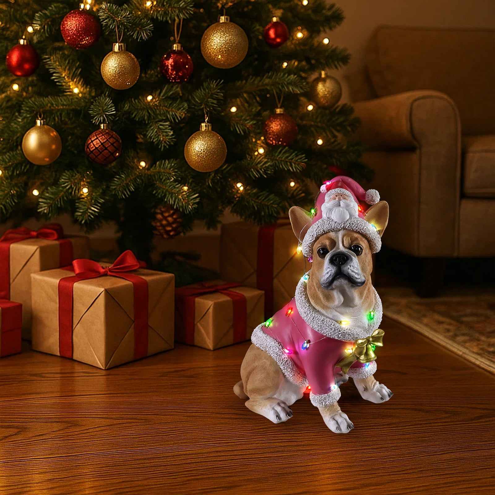 French Bulldog Pink Santa Outfit Christmas Dog Statue with Light Details Holiday Tabletop Decor